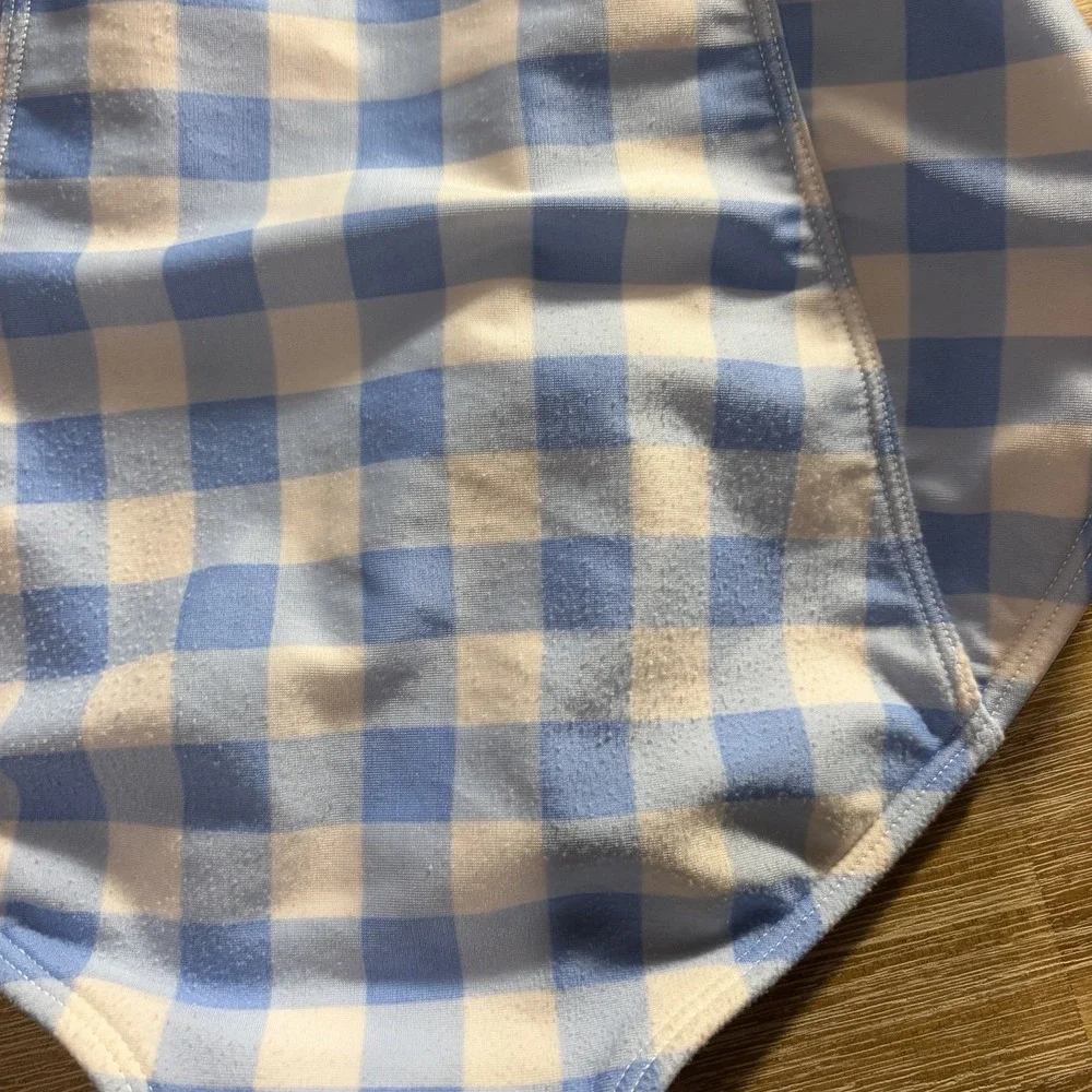 Cat&jack One Piece Swimsuit Blue&white Check Red Pom Trim Size Large 10/12